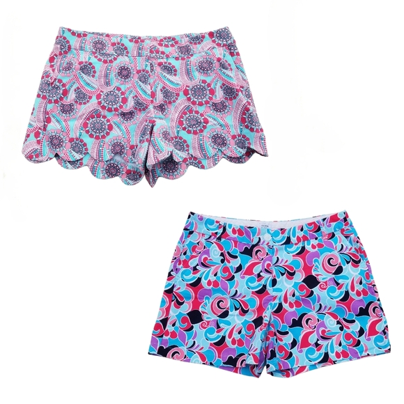 2 Pair Shorts Scallop Hem Crown & Ivy Size 12 Stretch Cotton Pink Blue Print - Picture 1 of 9